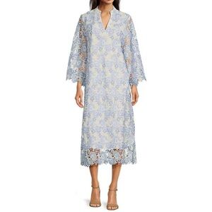 J. Marie Women’s Maggie Light Blue White Lace Midi Dress Kaftan 3/4 Sleeve NWT